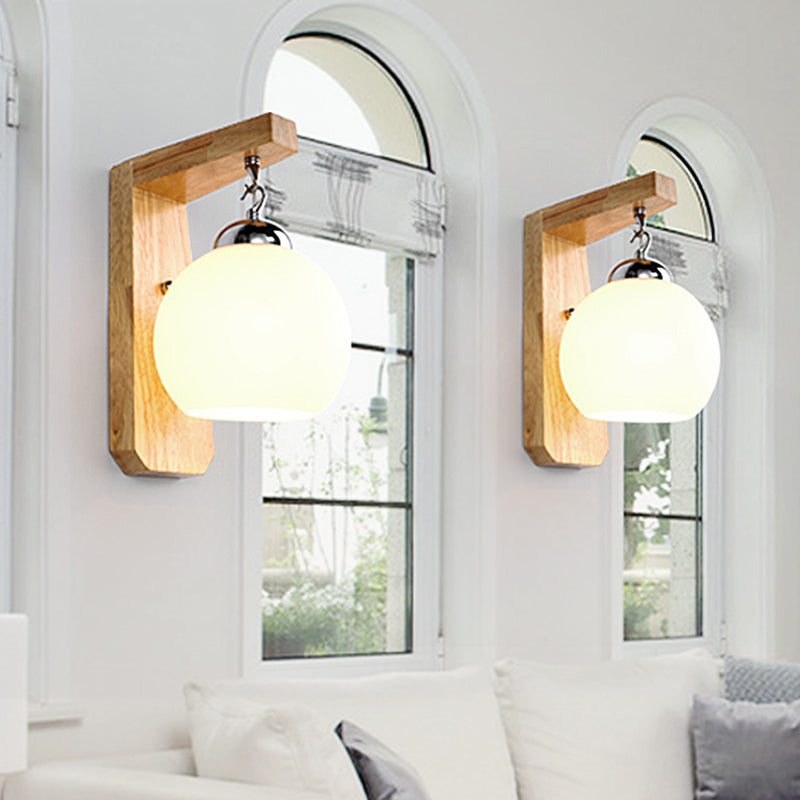 Vivolux | Holzarmed Wandleuchte Asiatisch 1 Kopf Beige Wandbeleuchtungsgerät mit rundem weißen Glasschirm