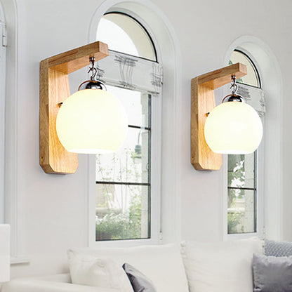 Vivolux | Holzarmed Wandleuchte Asiatisch 1 Kopf Beige Wandbeleuchtungsgerät mit rundem weißen Glasschirm