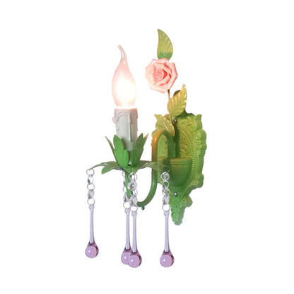 Vivolux | 1 Glühbirne Wandlicht Traditionelle Kerzenhalter Facettierte Kristall Wandlampe in Weiß/Grün für das Wohnzimmer