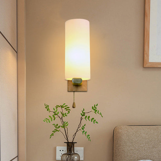 Vivolux | Weiße Glaszylinder-Wandlampe Modern 1-Glühbirne Wandmontage-Beleuchtung mit rechteckiger Holzrückwandplatte
