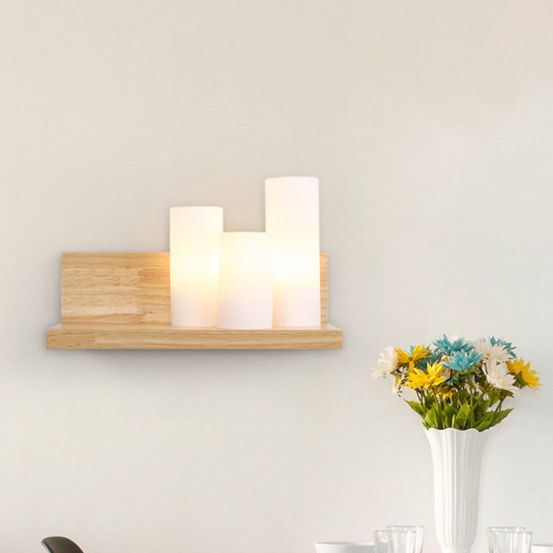 Vivolux | Asiatische 3 Köpfe Wandleuchte Holzrohr Lichtquelle mit Opalglas-Schirm für Esszimmer