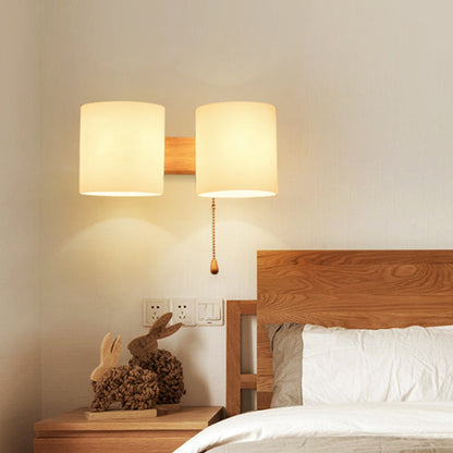 Vivolux | 2 Glühbirnen Schlafzimmer Wandleuchte Asiatisches Holz Wandmontierte Lampe mit Zylindrischem Weißem Glas-Schirm