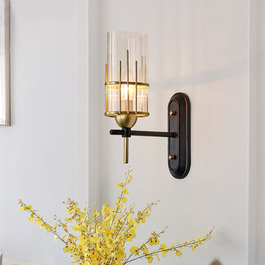 Vivolux | 1 Glühbirne Wandlicht Sconce Traditionelle Wohnzimmer Wandbeleuchtungseinrichtung mit zylindrischem klarem Glas-Schirm in Gold