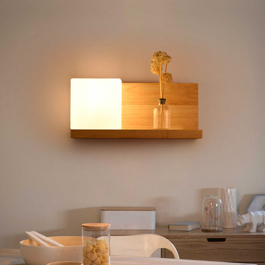 Vivolux | Weiße Glas Quadrat Wandleuchte Chinesisch 1 Glühbirne Holz Wandmontierte Lampe für Esszimmer