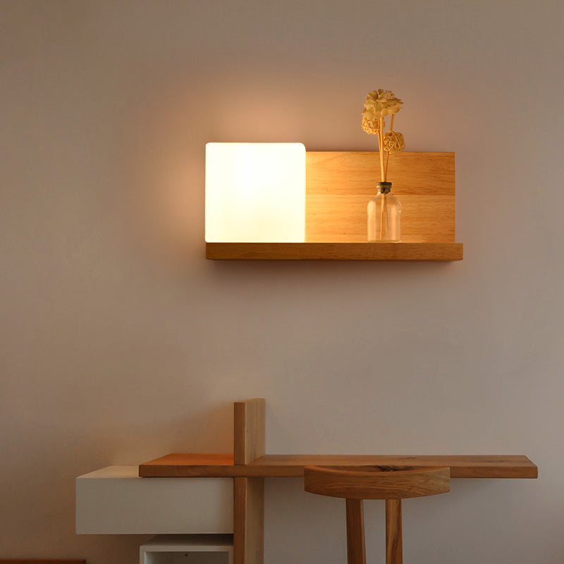 Vivolux | Weiße Glas Quadrat Wandleuchte Chinesisch 1 Glühbirne Holz Wandmontierte Lampe für Esszimmer