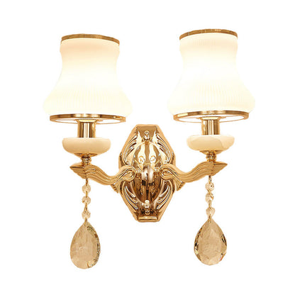 Vivolux | Bell Schlafzimmer Wandlampe Wand sconce Traditionell Opal Satinierte Glas 1/2 Glühbirnen Messing Wandlampe mit klarem Kristall Tropfen