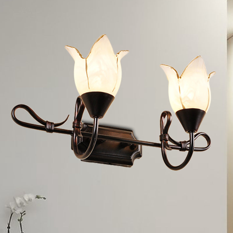 Vivolux | Contemporary 2/3 Köpfe Kosmetikspiegelleuchte mit satiniertem Glasschirm schwarze Ausführung Blütenwandbeleuchtungseinheit