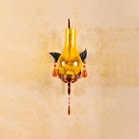 Vivolux | Traditionele Vaas Muurmontage Licht Geel Gebarsten Glas 1 Licht Badkamer Wandlamp Wandarmatuur met Oranje Kristal Deco
