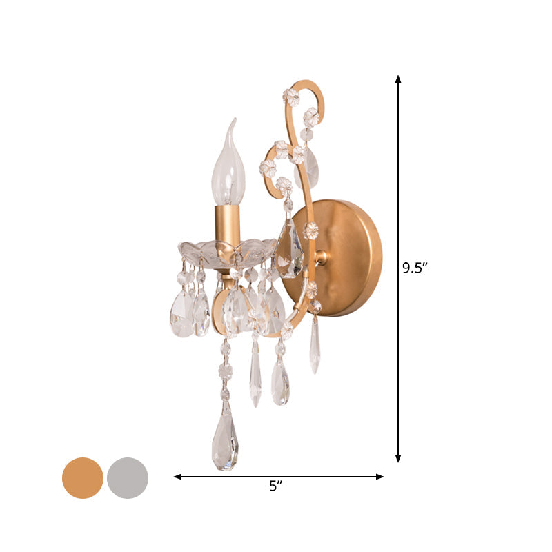 Vivolux | Kerzenstil Metall Wandleuchte Rustikal 1 Licht Wohnzimmer Wandbeleuchtung Fixture in Silber/Gold mit Kristall Tropfen