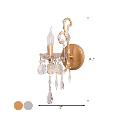 Vivolux | Kerzenstil Metall Wandleuchte Rustikal 1 Licht Wohnzimmer Wandbeleuchtung Fixture in Silber/Gold mit Kristall Tropfen