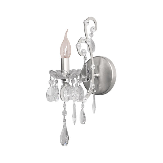 Vivolux | Kerzenstil Metall Wandleuchte Rustikal 1 Licht Wohnzimmer Wandbeleuchtung Fixture in Silber/Gold mit Kristall Tropfen