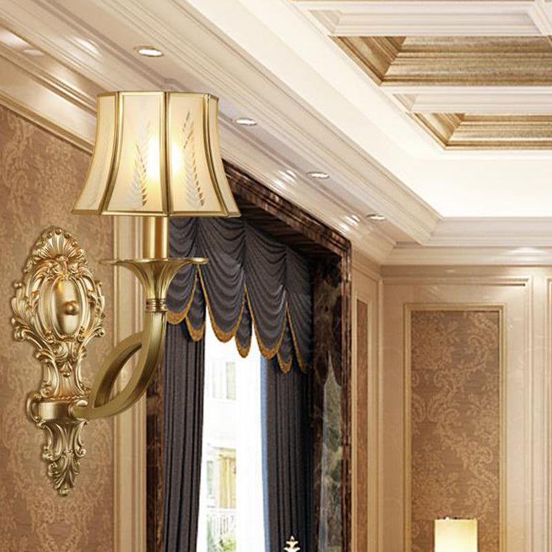Vivolux | Swooping Arm Wandmontage Lamp Vintage Metall 1/2-Kopf Gold Wandleuchte mit Bedrucktem Opakem Glas-Schirm
