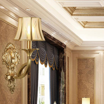 Vivolux | Swooping Arm Wandmontage Lamp Vintage Metall 1/2-Kopf Gold Wandleuchte mit Bedrucktem Opakem Glas-Schirm