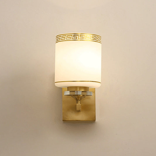 Vivolux | Einzelzylinder-Wandlampe Traditionelle Opal-Mattglas-Wandleuchte in Gold mit Swastika-Element