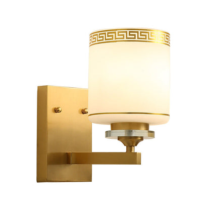Vivolux | Einzelzylinder-Wandlampe Traditionelle Opal-Mattglas-Wandleuchte in Gold mit Swastika-Element