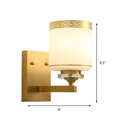 Vivolux | Einzelzylinder-Wandlampe Traditionelle Opal-Mattglas-Wandleuchte in Gold mit Swastika-Element