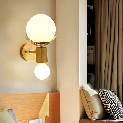 Vivolux | 2 Köpfe Nachttisch Wandbeleuchtung Modernistische Holz Wandleuchte mit Kugel weißem Glas-Schirm