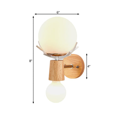 Vivolux | 2 Köpfe Nachttisch Wandbeleuchtung Modernistische Holz Wandleuchte mit Kugel weißem Glas-Schirm