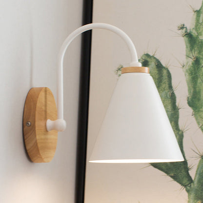 Vivolux | 1 Kopf Konisch Wandbeleuchtung Moderne Metall Wandleuchte in Weiß mit Kreis Holz Rückplatte