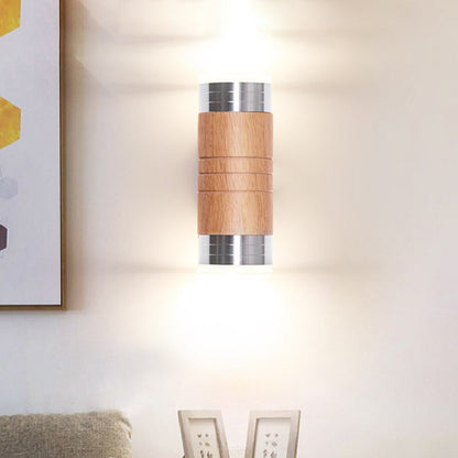 Vivolux | Zylinder Holz Wand Sconce Licht Asiatisch 1 Lampe Chrom LED Wandbeleuchtung für Wohnzimmer