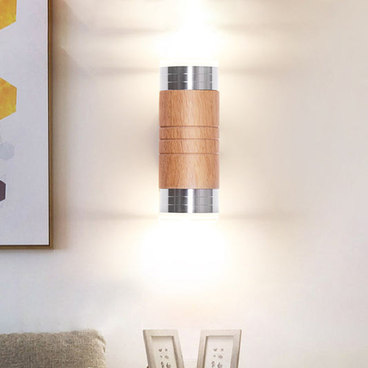 Vivolux | Zylinder Holz Wand Sconce Licht Asiatisch 1 Lampe Chrom LED Wandbeleuchtung für Wohnzimmer
