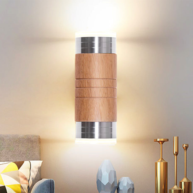 Vivolux | Zylinder Holz Wand Sconce Licht Asiatisch 1 Lampe Chrom LED Wandbeleuchtung für Wohnzimmer