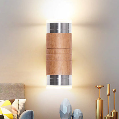 Vivolux | Zylinder Holz Wand Sconce Licht Asiatisch 1 Lampe Chrom LED Wandbeleuchtung für Wohnzimmer