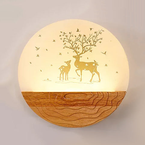 Vivolux | Runde LED-Wandlampe mit tierischer kreativer Holz-Wandleuchte in Beige für den Kindergarten