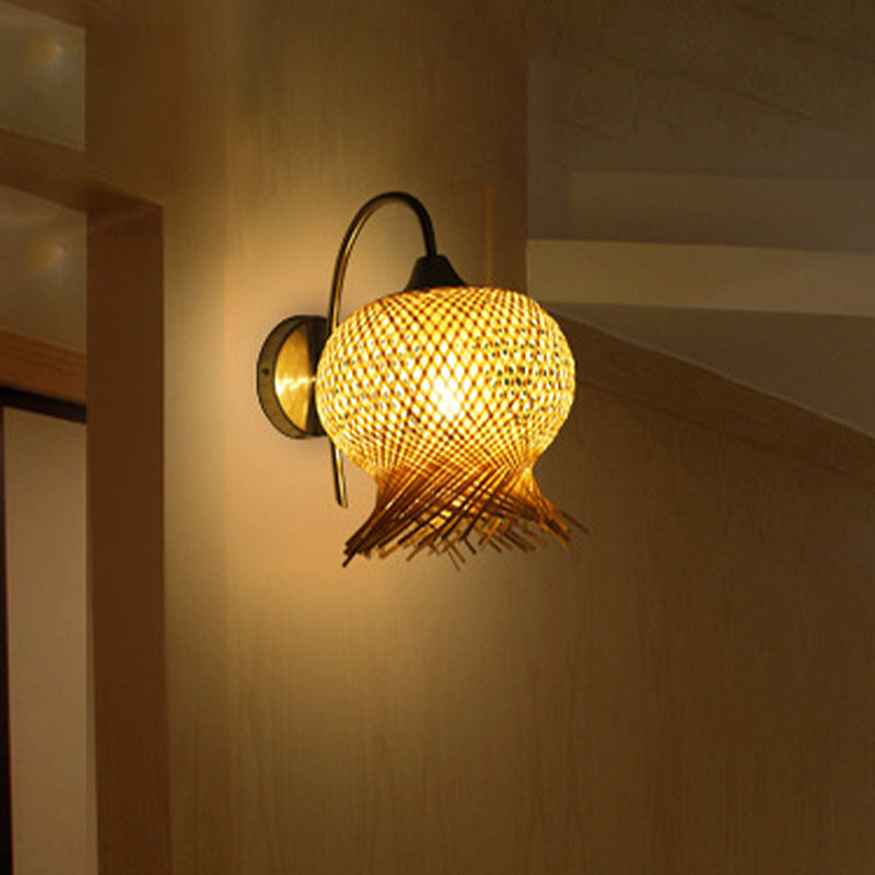 Vivolux | Bamboo Hand Woven Wandleuchte Asien 1 Kopf Wandmontage Lampe in Flachs mit Metall Gänsekampfarm