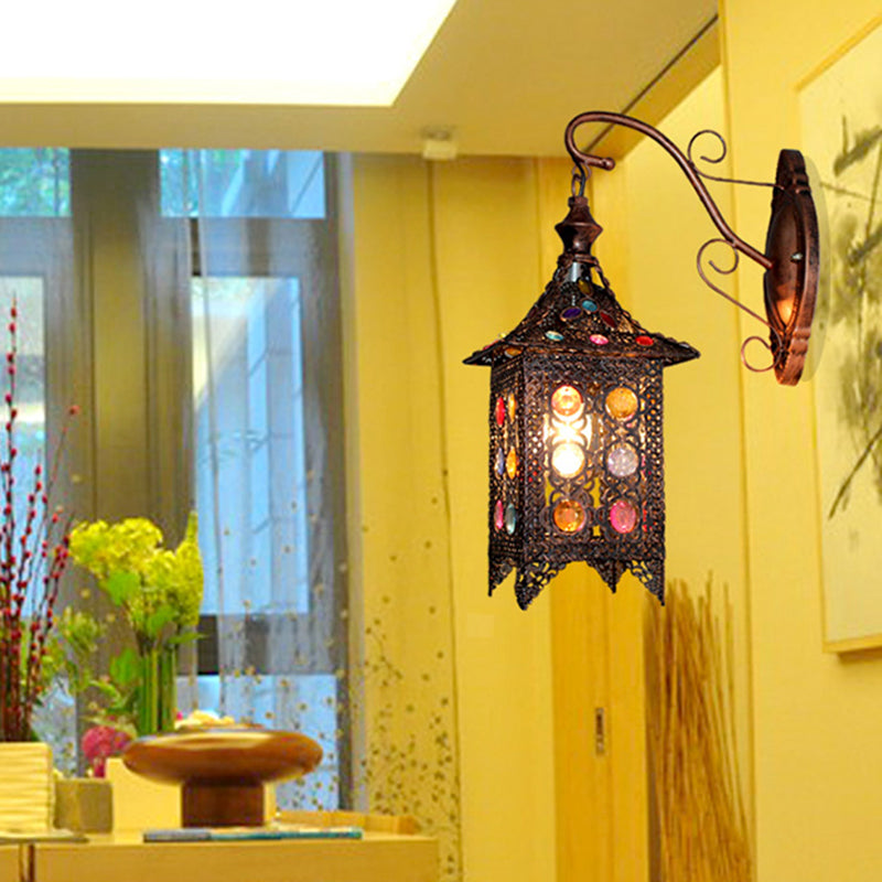 Vivolux | Laterne Schlafzimmer Wandleuchte Bohemian Metall 1 Glühbirne Messing/Schwarz Wandleuchteneinheit