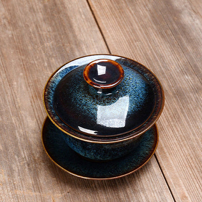 Vivolux | Vintage Kiln Keramik Gaiwan Sancai Teetasse Teetasse und Untertasse mit Deckel