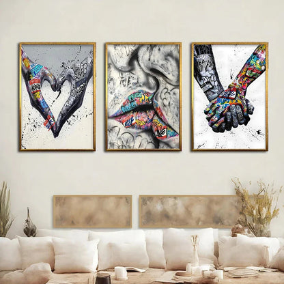 Vivolux | 3PCS Moderne Liebe Hand in Hand Küss den Kuss Poster Graffiti Banksy Straßen Wandkunst Leinwandmalerei Drucke Bilder Raumdekoration
