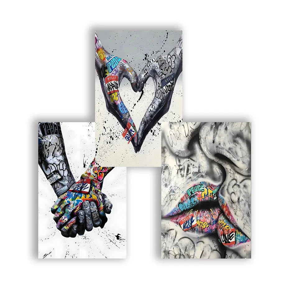 Vivolux | 3PCS Moderne Liebe Hand in Hand Küss den Kuss Poster Graffiti Banksy Straßen Wandkunst Leinwandmalerei Drucke Bilder Raumdekoration