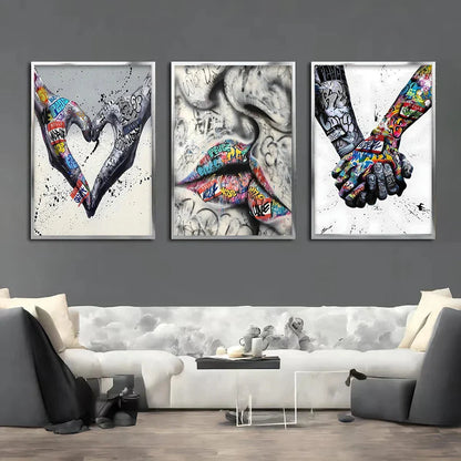 Vivolux | 3PCS Moderne Liebe Hand in Hand Küss den Kuss Poster Graffiti Banksy Straßen Wandkunst Leinwandmalerei Drucke Bilder Raumdekoration