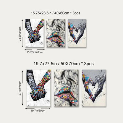 Vivolux | 3PCS Moderne Liebe Hand in Hand Küss den Kuss Poster Graffiti Banksy Straßen Wandkunst Leinwandmalerei Drucke Bilder Raumdekoration