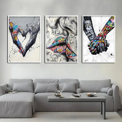 Vivolux | 3PCS Moderne Liebe Hand in Hand Küss den Kuss Poster Graffiti Banksy Straßen Wandkunst Leinwandmalerei Drucke Bilder Raumdekoration