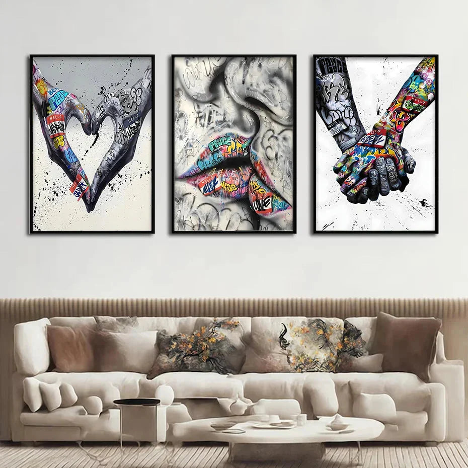 Vivolux | 3PCS Moderne Liebe Hand in Hand Küss den Kuss Poster Graffiti Banksy Straßen Wandkunst Leinwandmalerei Drucke Bilder Raumdekoration