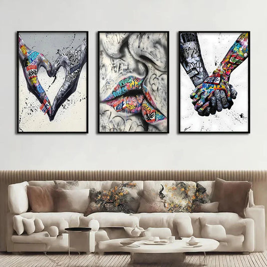 Vivolux | 3PCS Moderne Liebe Hand in Hand Küss den Kuss Poster Graffiti Banksy Straßen Wandkunst Leinwandmalerei Drucke Bilder Raumdekoration