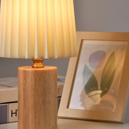 Vivolux | Vintage Korean Plissee Säule Massivholz Basis 1-Licht Tischlampe