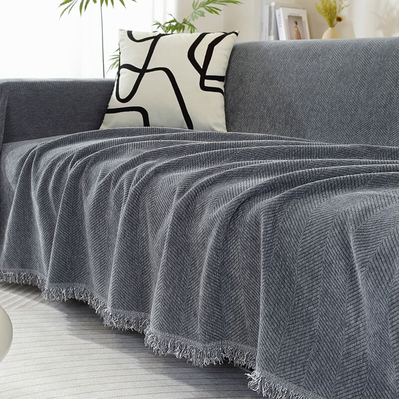 Vivolux | Chenille Decke Fischgrat Quaste Couchbezug