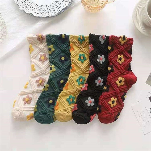 5 Paar Vintage Blumen Stickerei Socken