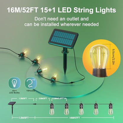Vivolux | 52FT Solar Lichterkette für den Außenbereich mit Fernbedienung, Warmweiß