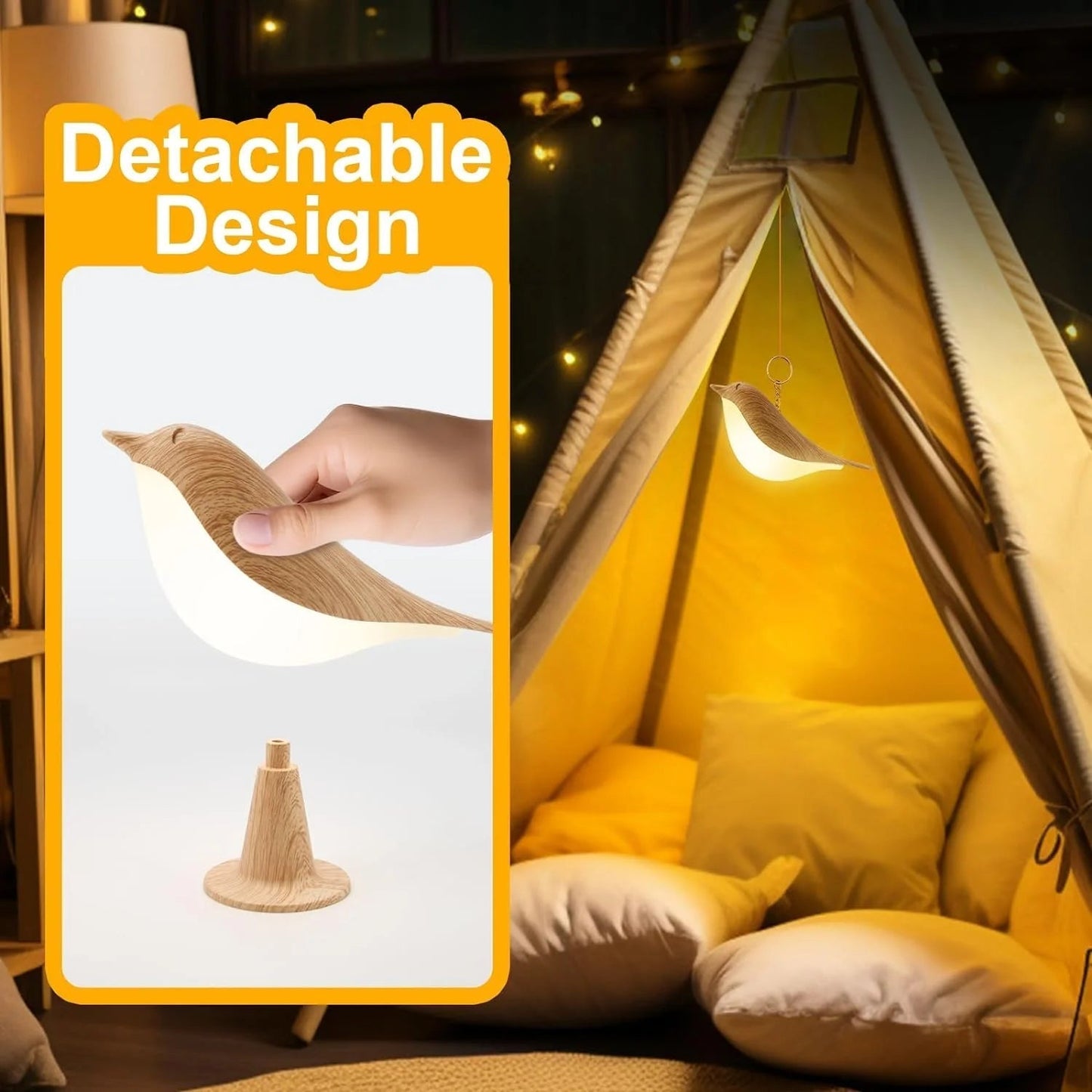 Vivolux | Touch-Control Holzvogel Nachtlicht - Wiederaufladbare LED Nachttischlampe