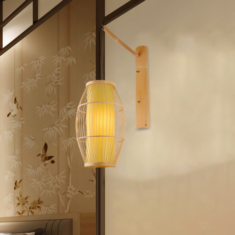 Vivolux | Asiatische Stil Rechteckige Hängende Wandlampe Bambus 1 Glühbirne Schlafzimmer Wandleuchte in Beige