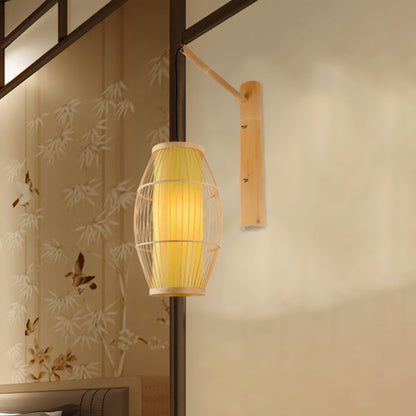 Vivolux | Asiatische Stil Rechteckige Hängende Wandlampe Bambus 1 Glühbirne Schlafzimmer Wandleuchte in Beige