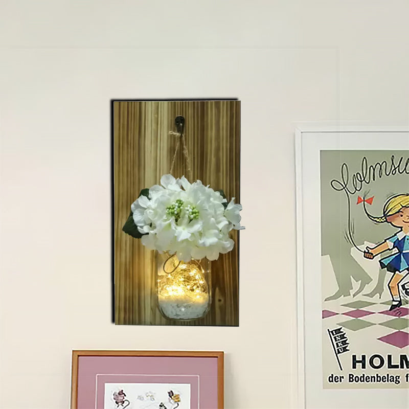 Vivolux | Weiße Blumen Wand Lichterkette Nordisches Klarglas Glas Jar Funkellicht mit Holz Rückplatte