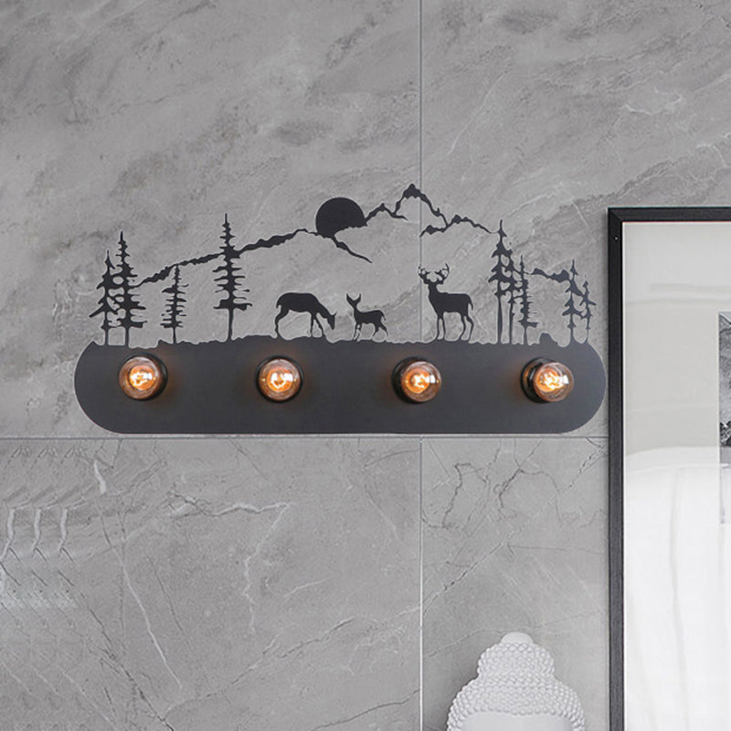 Vivolux | Lodge Open Bulb Wandlamp met Elkhert/Paard/Schaap/Berg/Windmolen/Boom Ontwerp 4 Gloeilampen Metalen Wandlamp in Zwart voor Binnen
