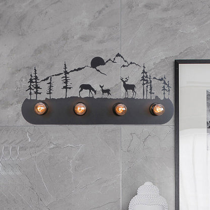 Vivolux | Lodge Open Bulb Wandlamp met Elkhert/Paard/Schaap/Berg/Windmolen/Boom Ontwerp 4 Gloeilampen Metalen Wandlamp in Zwart voor Binnen