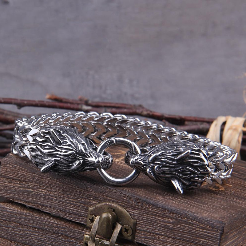 Viking Edelstahl Doppelwolfkopf Fenrir Armband