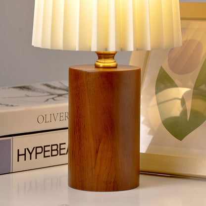Vivolux | Vintage Korean Plissee Säule Massivholz Basis 1-Licht Tischlampe
